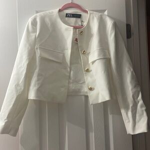 simple & classic white blazer with round gold buttons by Zara